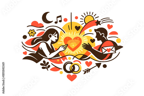 Love in abstraction. Scattered symbols and curves aligning into a balanced composition, warm glow at the core.