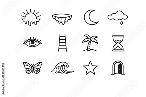 Surreal Summer Icons. Surreal summer dreamscape. Line outline icon set of Surreal summer dreamscape: melting