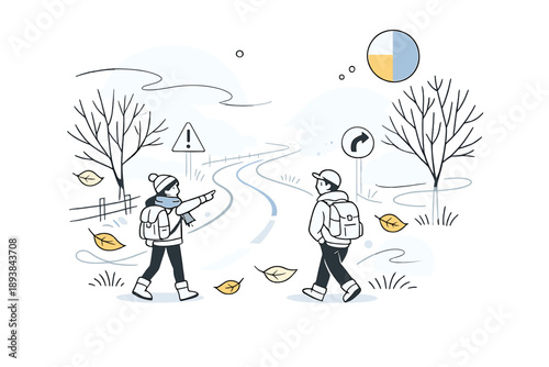 Autumn travel concept: foggy countryside road. A winding road vanishing into mist, bare trees and road signs