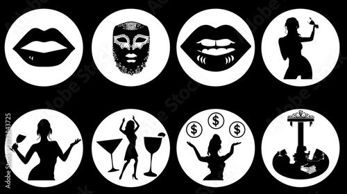 Vibrant vector icon set for nightlife entertainment, including seductive lips, mysterious masks, singers, dancers, cocktails, money, and carnival fun.