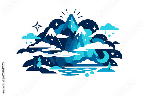 Enchanted Mountain Glow. Magical mountain landscape. Tall mountains glowing softly with inner light, mist