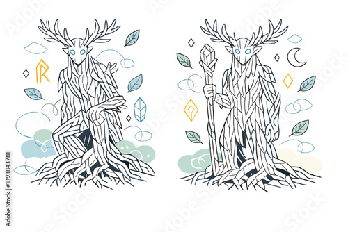 Fantasy forest guardians: ancient tree spirits. Tall humanoid trees with glowing eyes and branch antlers