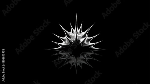 Reflective silver abstract spiky starburst design with futuristic style on a dark black background, modern technology graphic.