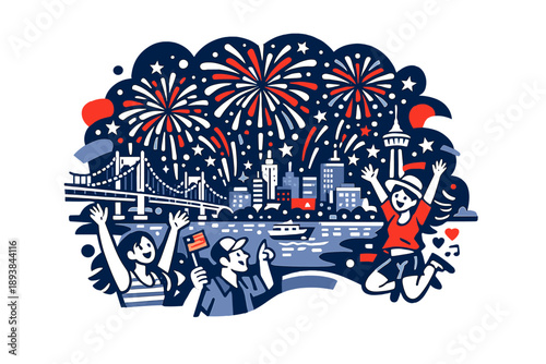 Fourth of July fireworks over city. A riverfront city with fireworks blooming in rhythmic patterns, bridges