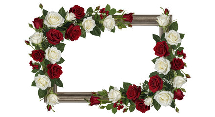 Decorative frame border with red and white roses isolated on transparent background