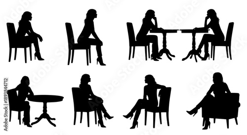 Silhouette of women sitting in chairs and at tables