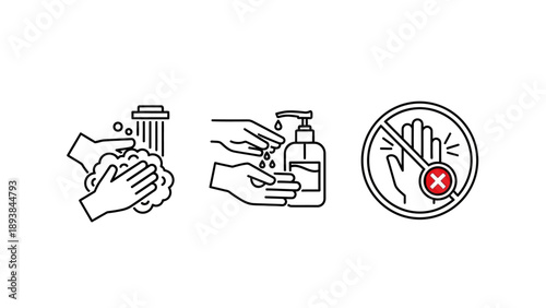 Hand hygiene and social distancing icons.
