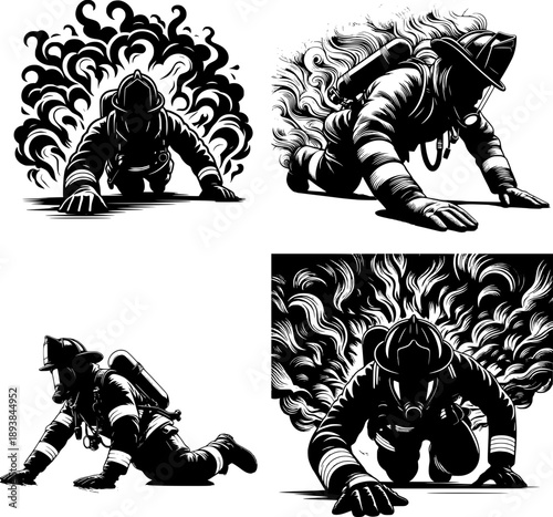 Clean bold vector silhouette of firefighter crawling under smoke, minimal flat shape, isolated on white.