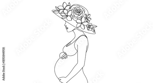 Pregnant woman with floral hat line art