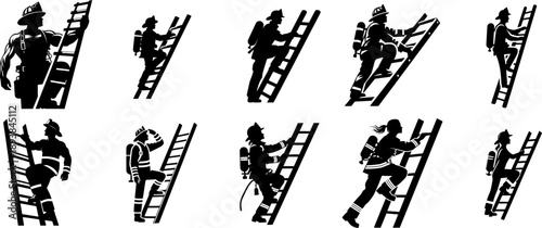 Clean bold vector silhouette of firefighter climbing ladder, minimal flat shape, isolated on white.