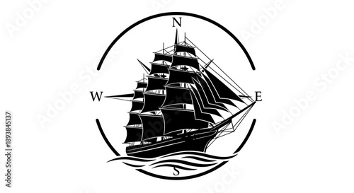 Sailing ship with compass illustration