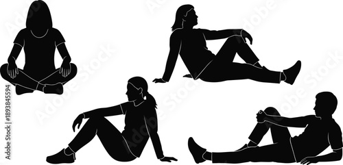 Silhouettes of People in Relaxed Sitting Poses – Casual Postures, Reclining, Cross-Legged, Leisure, Rest, Body Language, Black and White Art