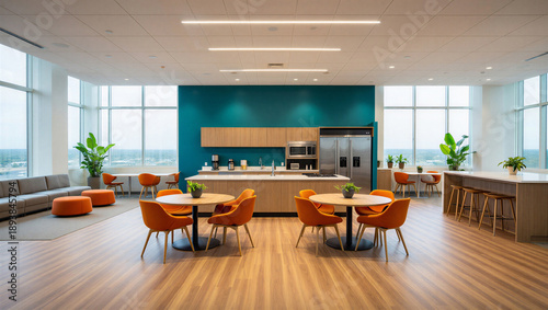 Photos Vibrant Modern Office Break Room with Teal Wall, Orange Chairs, and Kitchenette