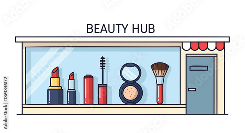 Vector illustration of beauty storefront with cosmetics