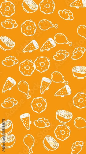 Plain orange pattern Quirky design with donuts, ramen, chicken, and ice cream in subtle orange pattern. Perfect for foodrelated projects and merchandise.