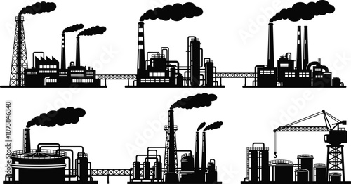 Industrial factory silhouette, pollution concept, black smoke emission, manufacturing plant, refinery infrastructure, construction site, pipeline system, environmental impact, industry