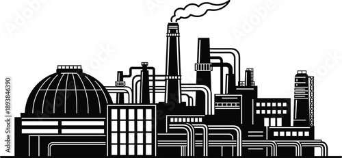 Industrial nuclear power plant silhouette with reactor dome and smoking chimney, chemical factory manufacturing facility, energy production oil gas refinery building