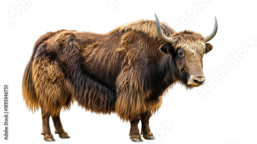Φωτογραφία Isolated Shaggy domestic yak with curved horns, brown fur, and a muscular body,