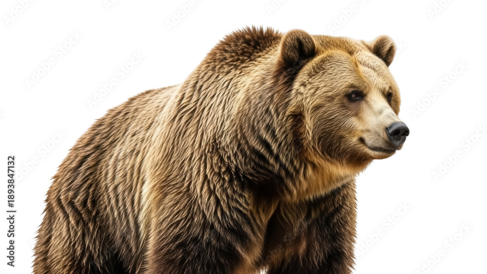 Fototapeta premium Isolated Brown Bear Portrait Standing Side Profile Looking Wild Animal Carnivore Mammal Furry