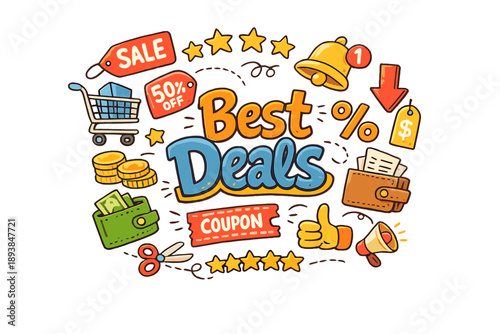 Best Deals. Hand-drawn doodle illustration of Best Deals. discount tag, sale badge, shopping cart, coins,
