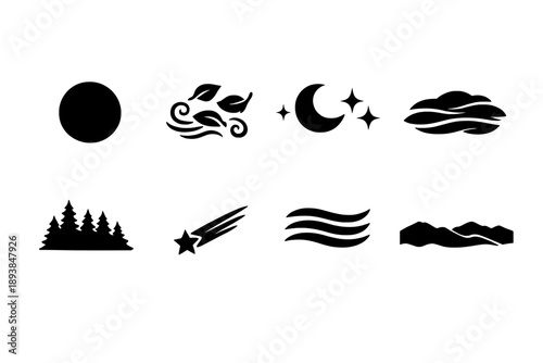 Mystic fall night. Filled icon set of Mystic fall night: harvest moon, swirling leaves, celestial symbols, fog