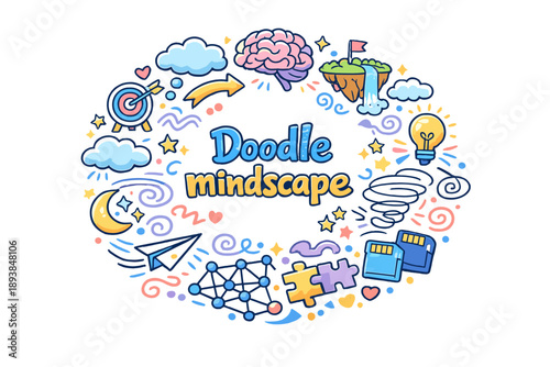 Doodle mindscape. Hand drawn illustration of Doodle mindscape. brain outline, floating islands, thought clouds