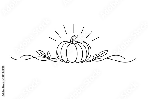 "Magical autumn pumpkins". Minimalistic one-line drawing single pumpkin radiating light with soft surrounding