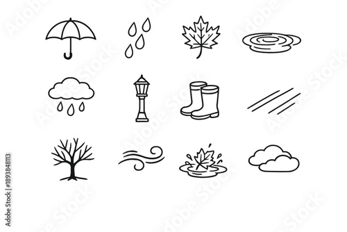 Autumn rain illustration. Line outline icon set of Autumn rain illustration: umbrella, falling raindrops,