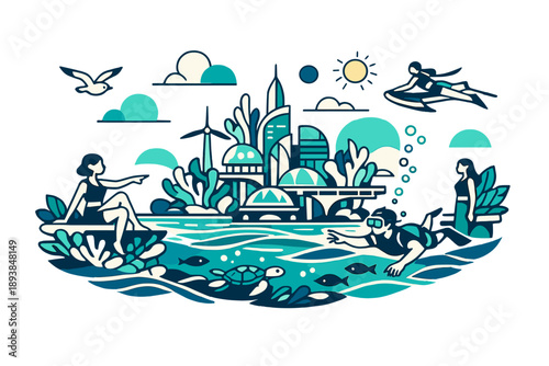 Clean oceans dreamscape. A futuristic ocean city rising from pure water, coral forms blending with geometric