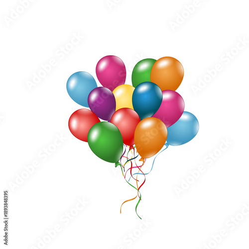 Colorful bunch of glossy balloons with curling ribbons, festive party decoration, isolated on transparent background