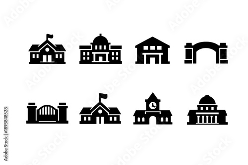 School building symbols. Filled icon set of School building symbols: school building, university building,