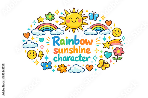 Rainbow sunshine character. Hand drawn illustration of Rainbow sunshine character. sun face, rainbow arcs,