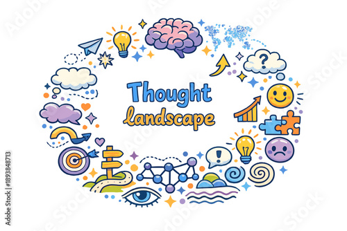 Thought landscape. Hand drawn illustration of Thought landscape. abstract brain, hills and paths, arrows,