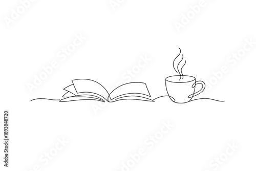 Minimalist Reading Moment. Reading with Coffee. Minimalistic one-line drawing book and steaming coffee cup