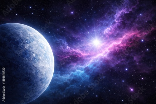 Wallpaper Mural A mysterious, cratered alien planet fills the left frame, illuminated by a brilliant, distant star amidst a swirling, vibrant blue and purple cosmic nebula. Torontodigital.ca