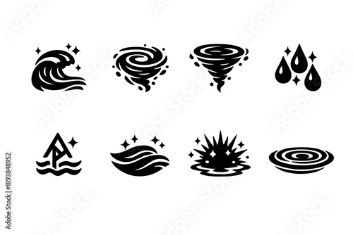 Mystical ocean energy. Filled icon set of Mystical ocean energy: enchanted wave, spiral current, water vortex,