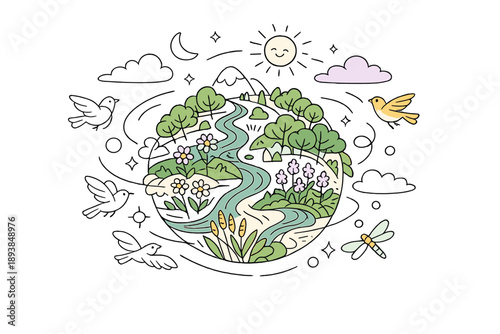 Nature restoration theme: rewilded Earth. A small planet overtaken by forests, rivers and flowers, birds and