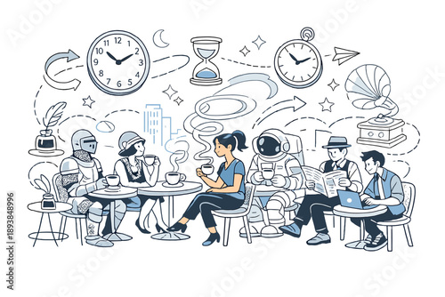 A café outside of time. People from different timelines sit frozen and unfrozen at once, coffee steam looping