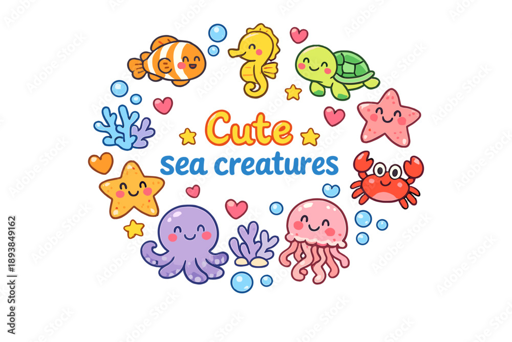 Fototapeta premium Cute sea creatures. Hand drawn illustration of Cute sea creatures. happy fish faces, smiling seahorse, baby