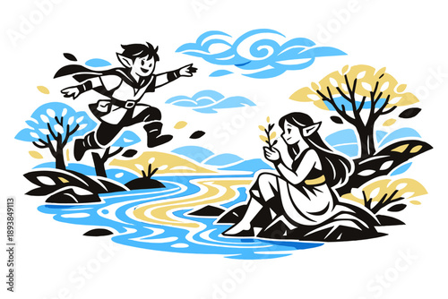 Spring awakening in fantasy world. Rivers glowing with color as trees sprout leaves in rhythmic waves, clouds