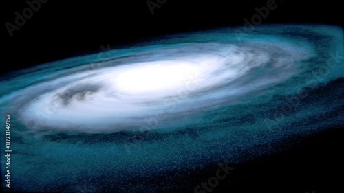 cinematic 3d render of majestic blue spiral galaxy rotating in deep space featuring glowing white core and stardust particles for science fiction documentary background