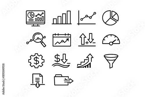 Financial analytics icons. Line outline icon set of Financial analytics icons: financial dashboard, bar chart,