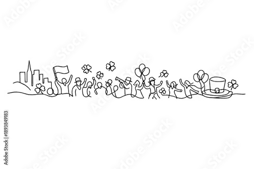 "St. Patrick’s Day city festival". Minimalistic one-line drawing urban street parade with clovers, balloons,
