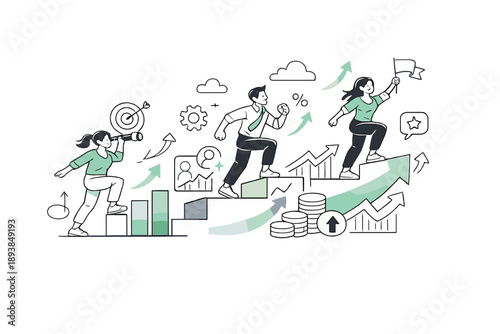 Scaling startup growth. Team members climbing abstract steps made of metrics, users, and upward arrows.