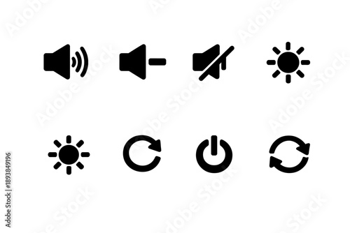 Device Controls. Filled icon set of Device Controls: volume up, volume down, mute, brightness up, brightness