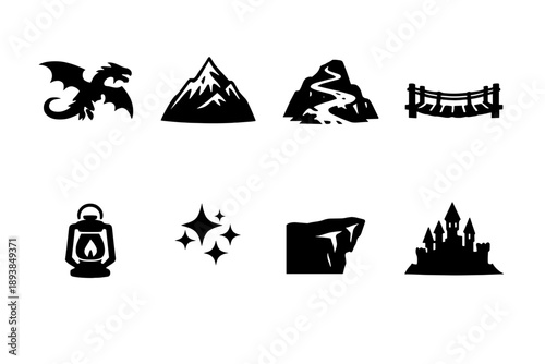 Fantasy mountain scenery. Filled icon set of Fantasy mountain scenery: dragon silhouette, snowy peak, mountain