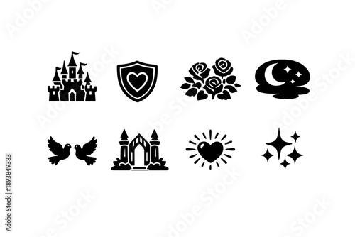 Enchanted romantic realm. Filled icon set of Enchanted romantic realm: fairy palace, heart shield, rose garden