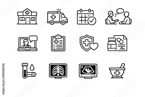 Medical services icons. Line outline icon set of Medical services icons: clinic, emergency room, appointment