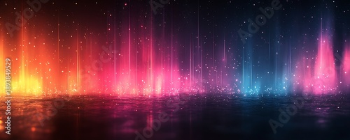 Abstract colorful light beams and particles reflecting on a wet surface rays
