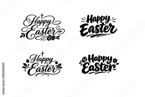 Happy Easter. Create a calligraphy lettering illustration of the phrase: HAPPY EASTER. Render 4 variations of